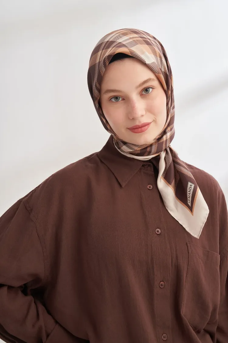 ARMANDA - 4358 Naya Desen Twill İpek Eşarp - Acı Kahve