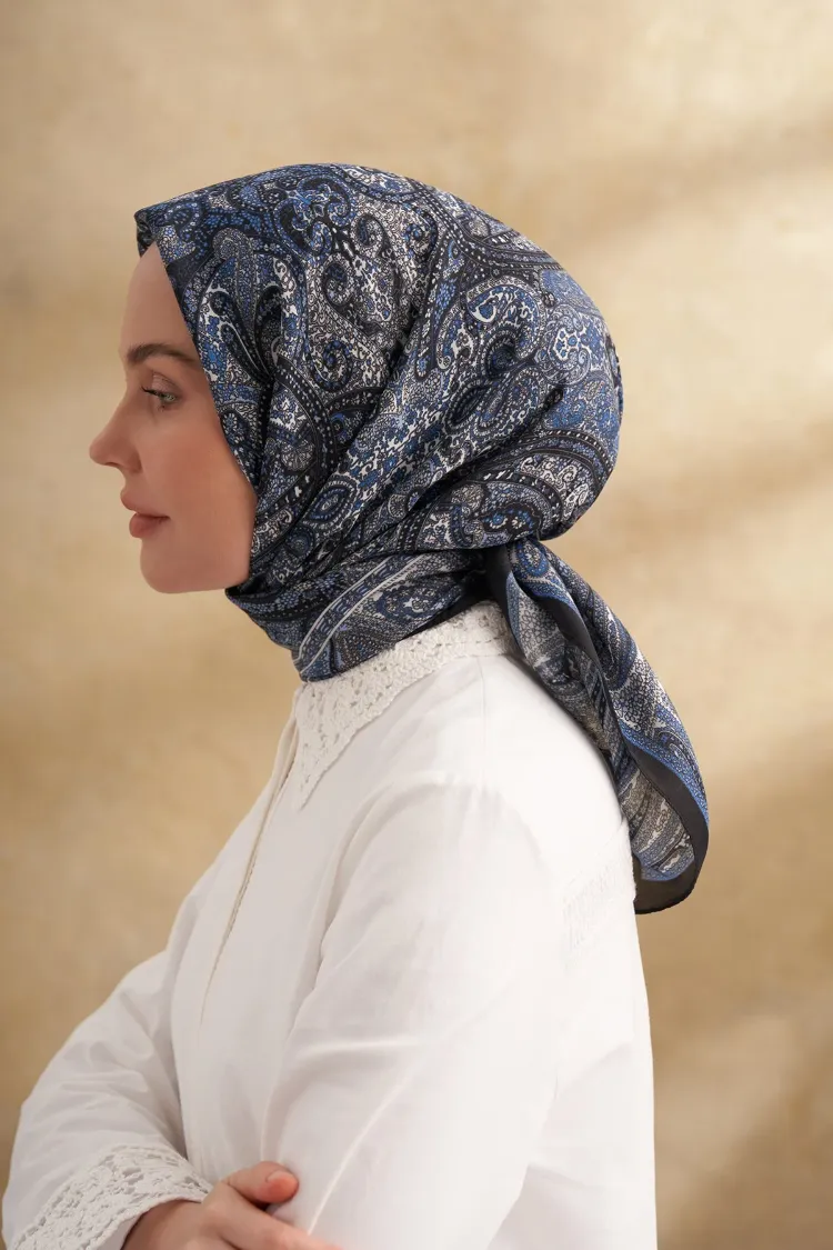 ARMANDA - 3155 Vintage Desen Eşarp - Siyah İndigo