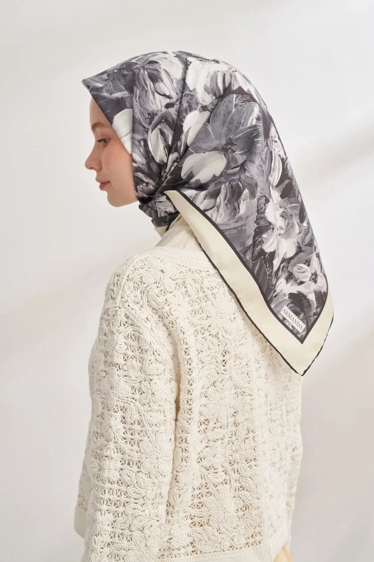 ARMANDA - 4359 Abstract Bloom Desen Twill İpek Eşarp - Füme