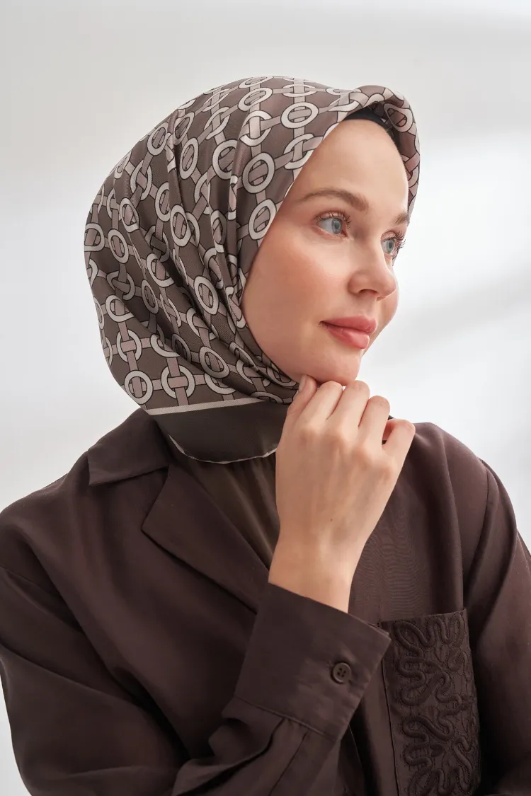 ARMANDA - 4350 Soil Desen Twill İpek Eşarp - Füme