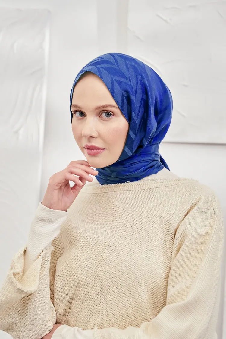 ARMANDA - İtalyan Jakar Zigzag Desen Şal - Saks