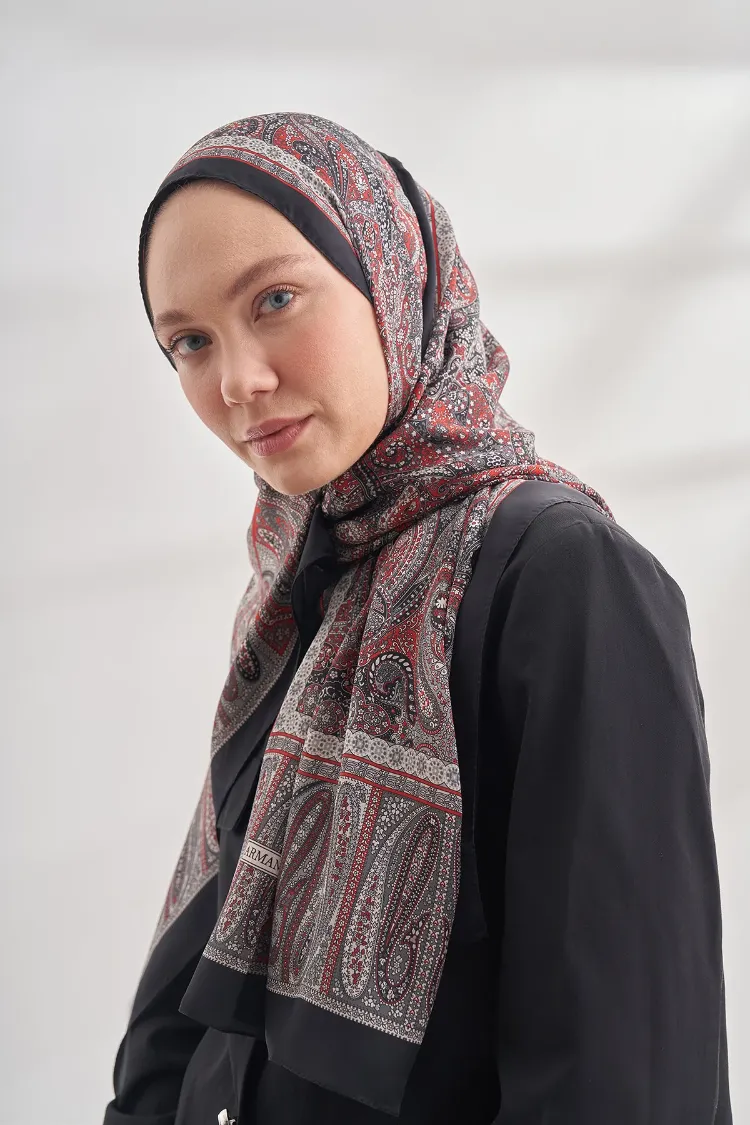 ARMANDA - 6036 Etnik Desen Şal - Siyah Kırmızı