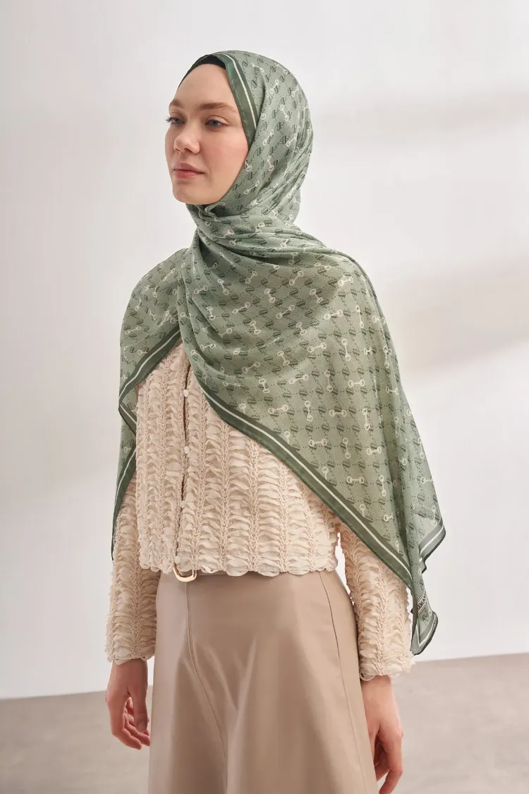 ARMANDA - 3361 Monogram Desen Şal - Keten Yeşili