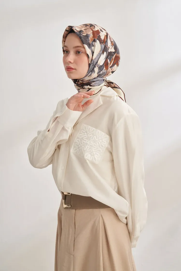 ARMANDA - 4359 Abstract Bloom Desen Twill İpek Eşarp - Gri Kahve