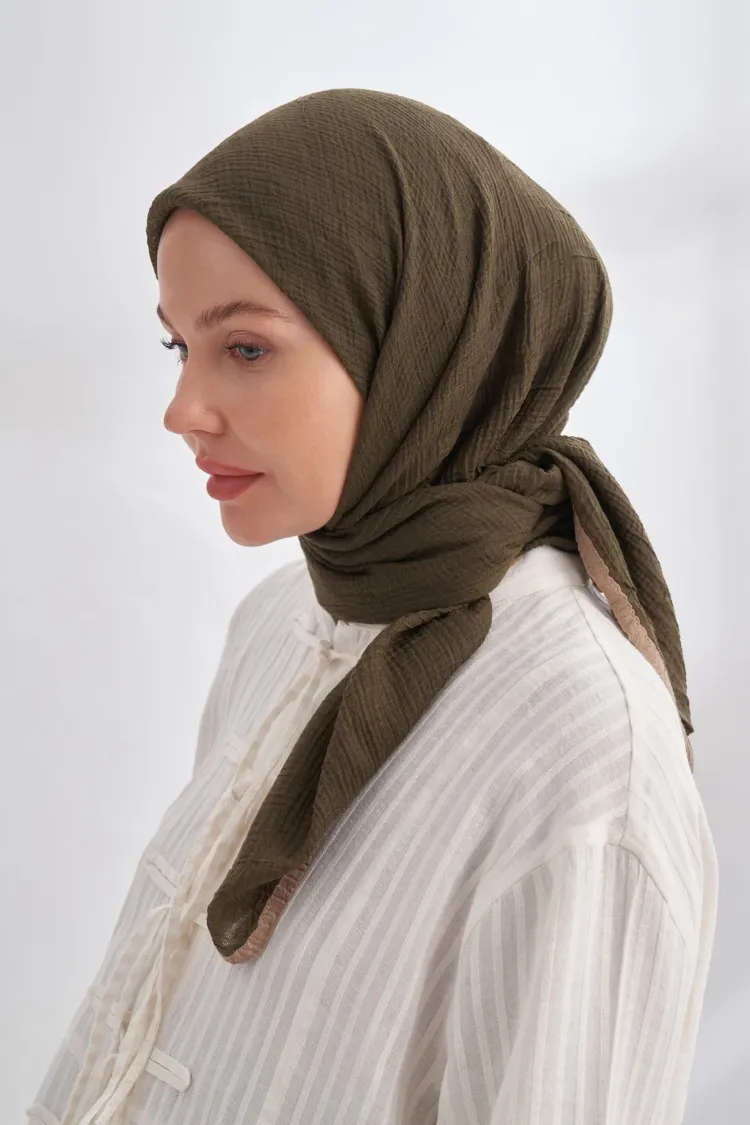 ARMANDA - 3353 Müslin Biyeli Eşarp - KOYU HAKİ
