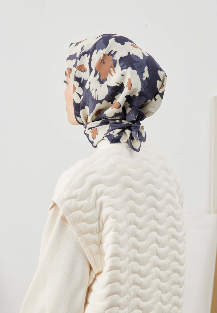 Fresh Scarfs - Multi Flower Desen Pamuk İpek Eşarp - Lacivert