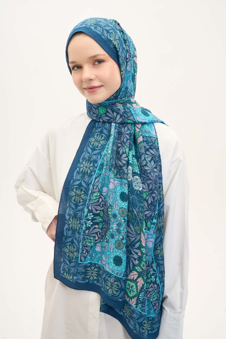SİLK HOME - Urban Hours Floral Motif Desen Petrol Mavi Mayda Şal 190x70