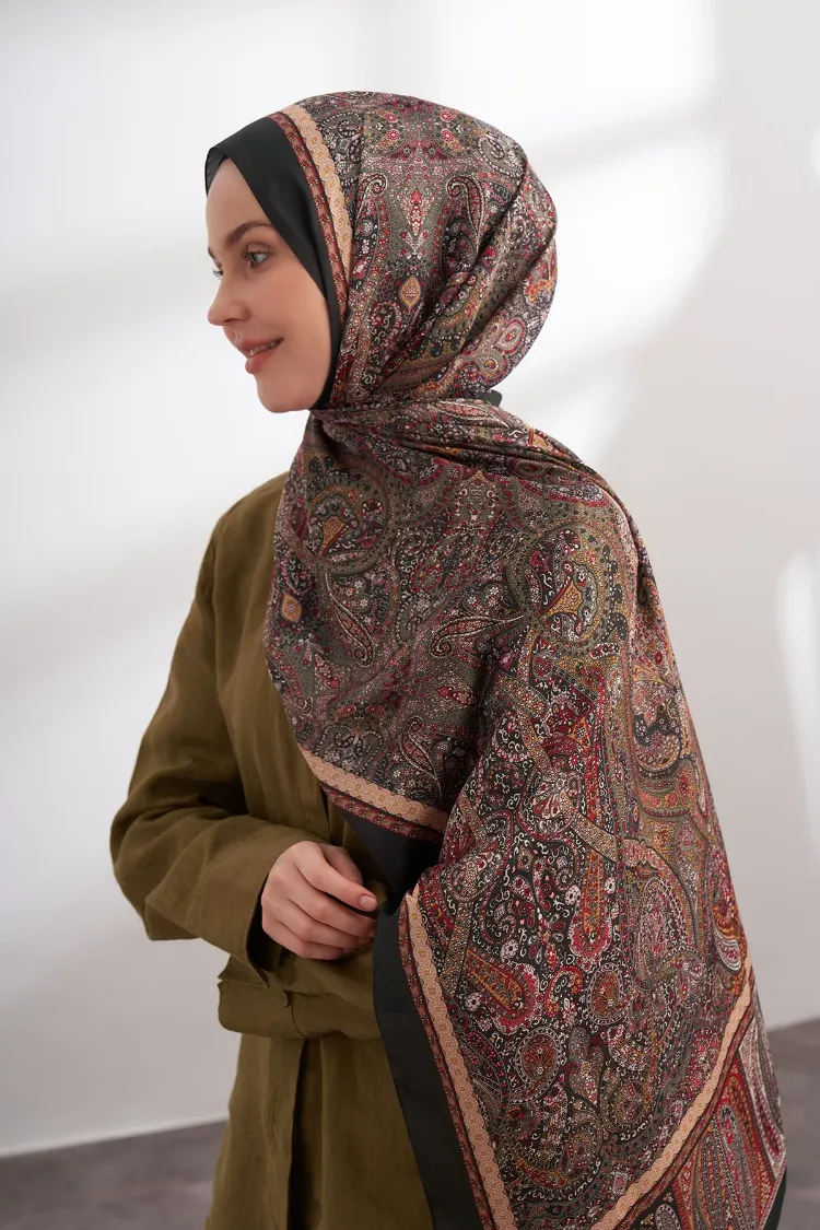 ARMANDA - 6036 Etnik Desen Şal - Koyu Haki