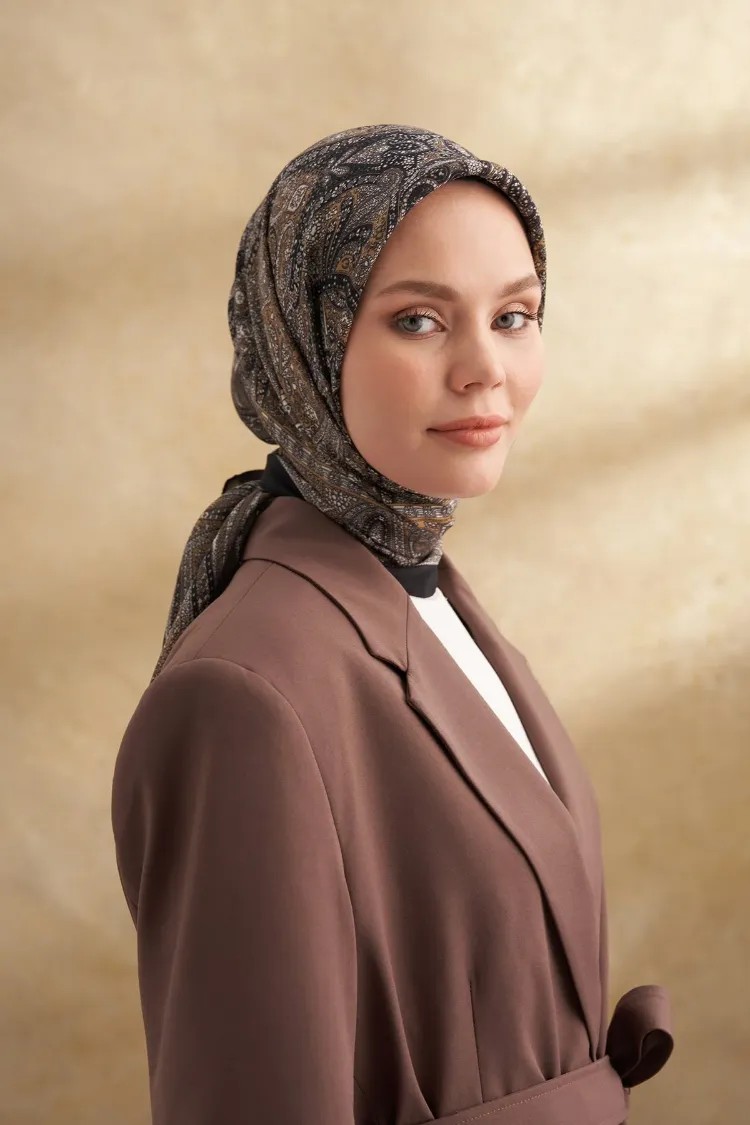 ARMANDA - 3155 Vintage Desen Eşarp - Siyah Dore