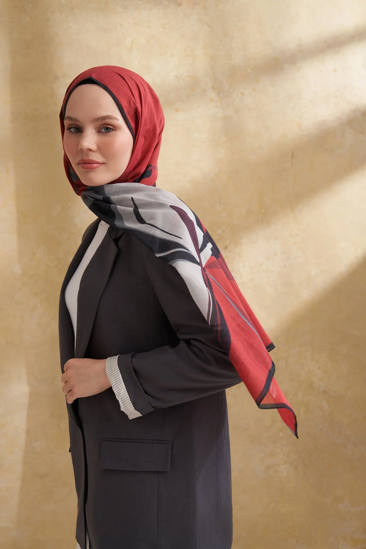 ARMANDA- 3383 İpek Pamuk Sarah Desen Şal - Siyah Bordo