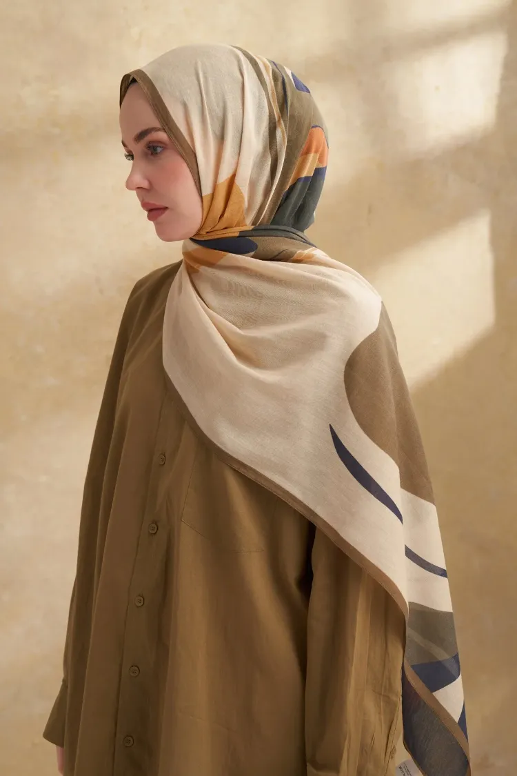 ARMANDA- 3383 İpek Pamuk Sarah Desen Şal - Bej Haki