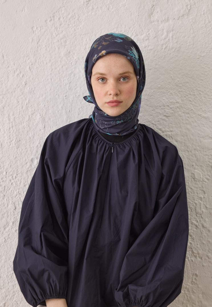 Fresh Scarfs - Delia Desen Pamuk İpek Eşarp - Lacivert