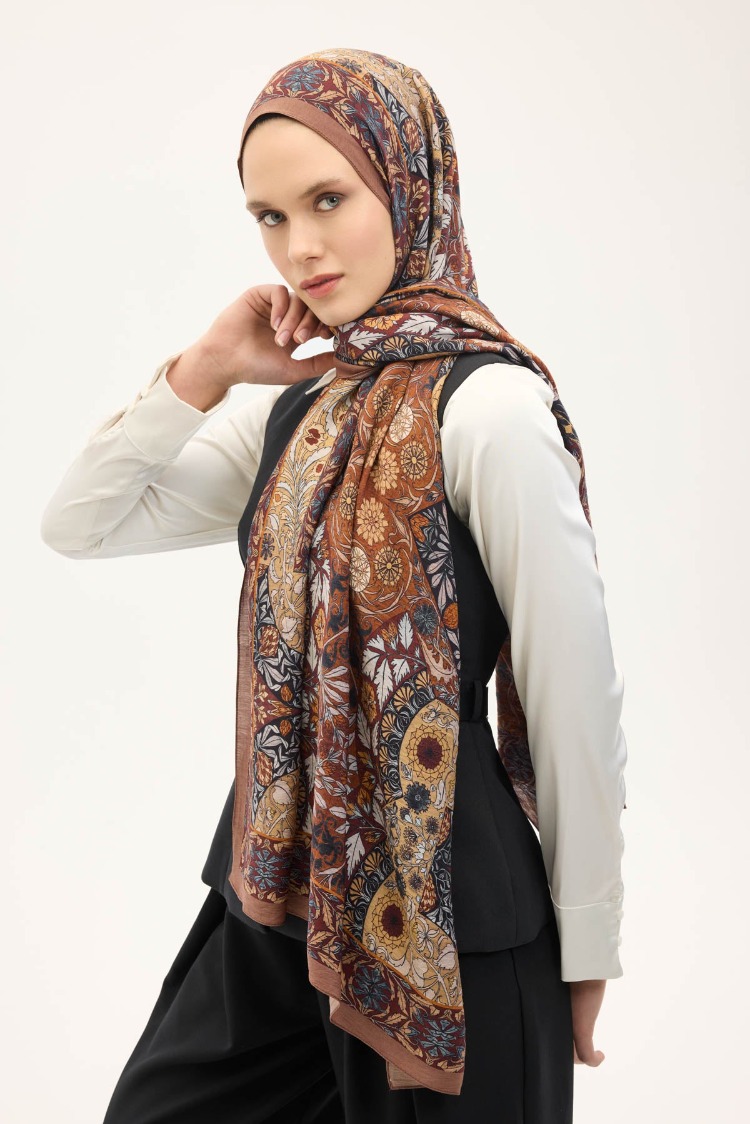 SİLK HOME - Urban Hours Floral Motif Desen Sütlü Kahve Mayda Şal 190x70
