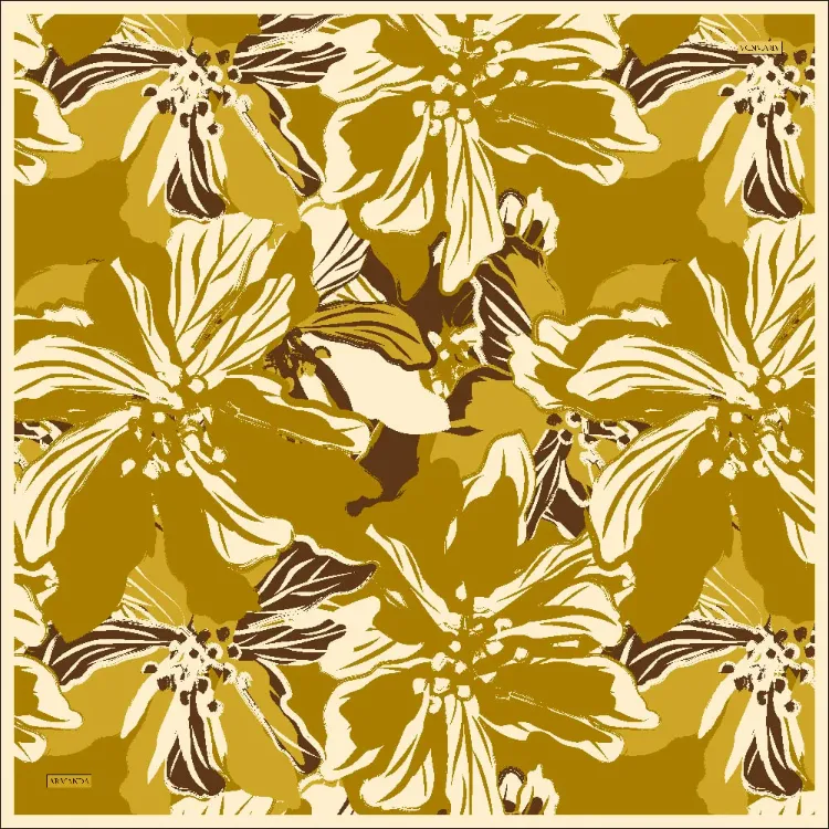 ARMANDA - 4351 Dahlia Desen Twill İpek Eşarp - Yağ Yeşili