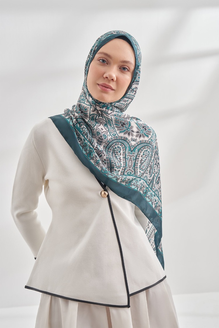 ARMANDA - 6035 Pashmina Desen Şal - Petrol Yeşili
