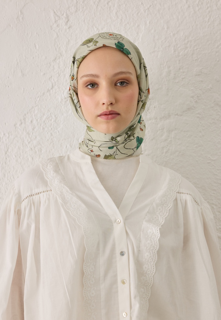 FRESH SCARFS - Strawberry Desen Pamuk İpek Eşarp - Soft Yeşil