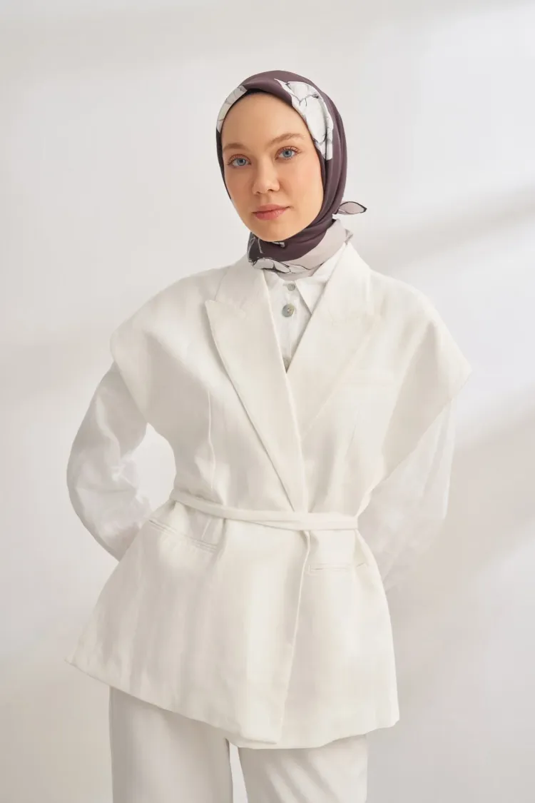 ARMANDA - 4333 Plumeria Desen Twill İpek Eşarp - Füme