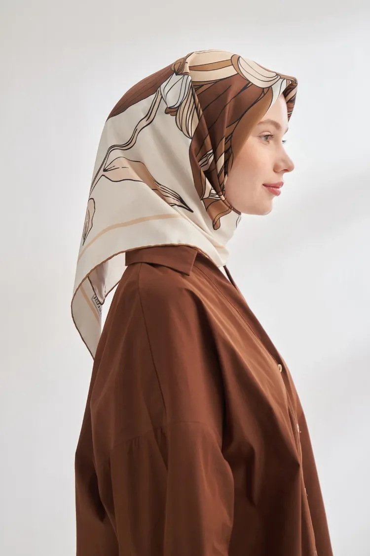 ARMANDA - 4356 Ivory Desen Twill İpek Eşarp - Kahve