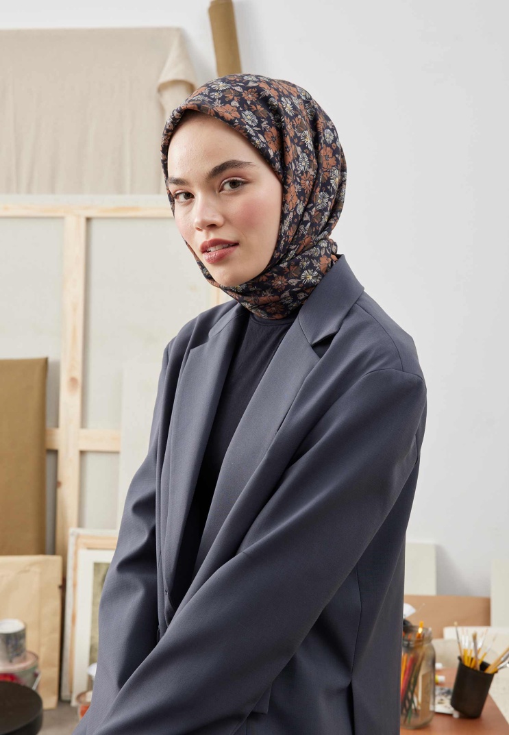 BFRESH SCARFS - Blooming Garden Desen Pamuk İpek Eşarp - Siyah