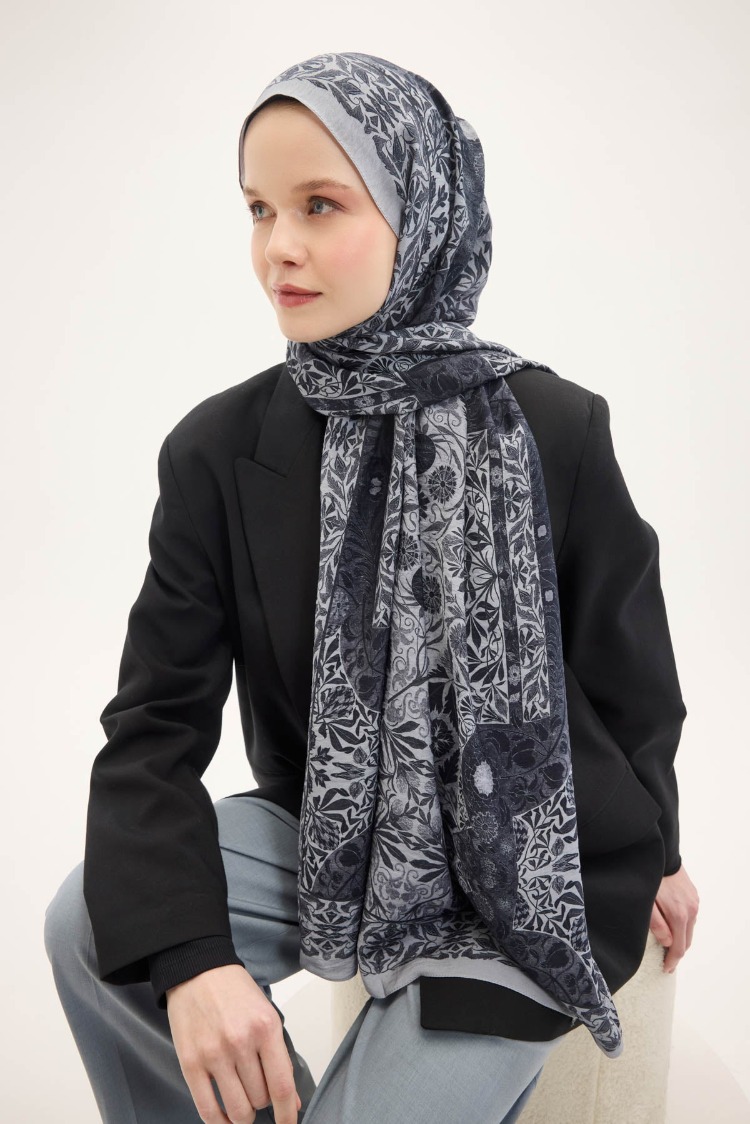 SİLK HOME - Urban Hours Floral Motif Desen Açık Gri Mayda Şal 190x70