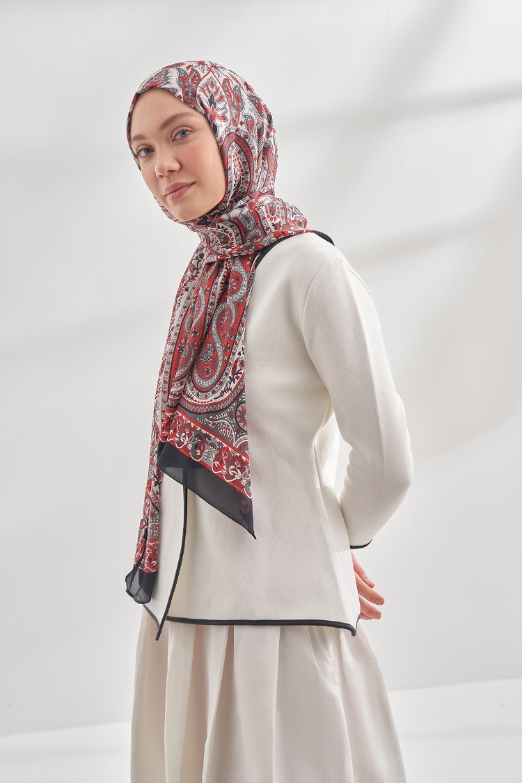 ARMANDA - 6035 Pashmina Desen Şal - Siyah Kırmızı