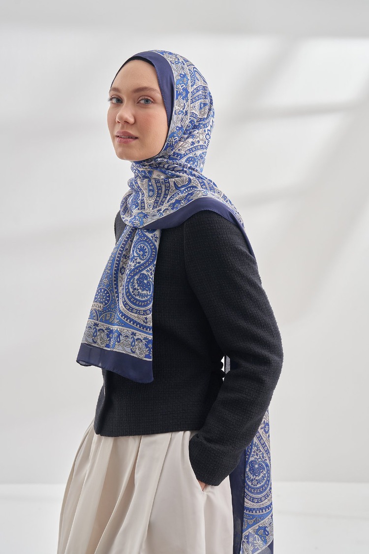 ARMANDA - 6035 Pashmina Desen Şal - Lacivert Saks