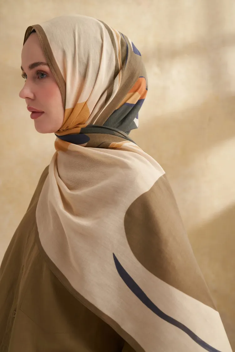 ARMANDA- 3383 İpek Pamuk Sarah Desen Şal - Bej Haki