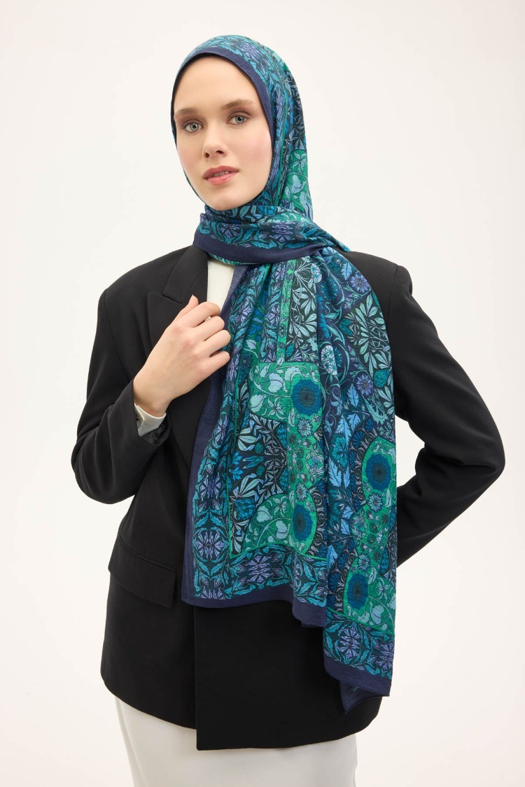 SİLK HOME - Urban Hours Floral Motif Desen Gece Mavisi Mayda Şal 190x70