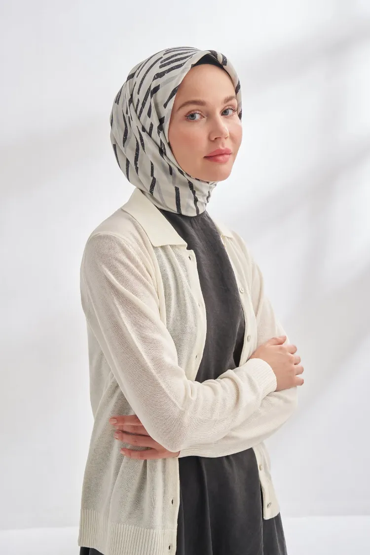 ARMANDA - 4353 Rora Desen Twill İpek Eşarp - Gümüş