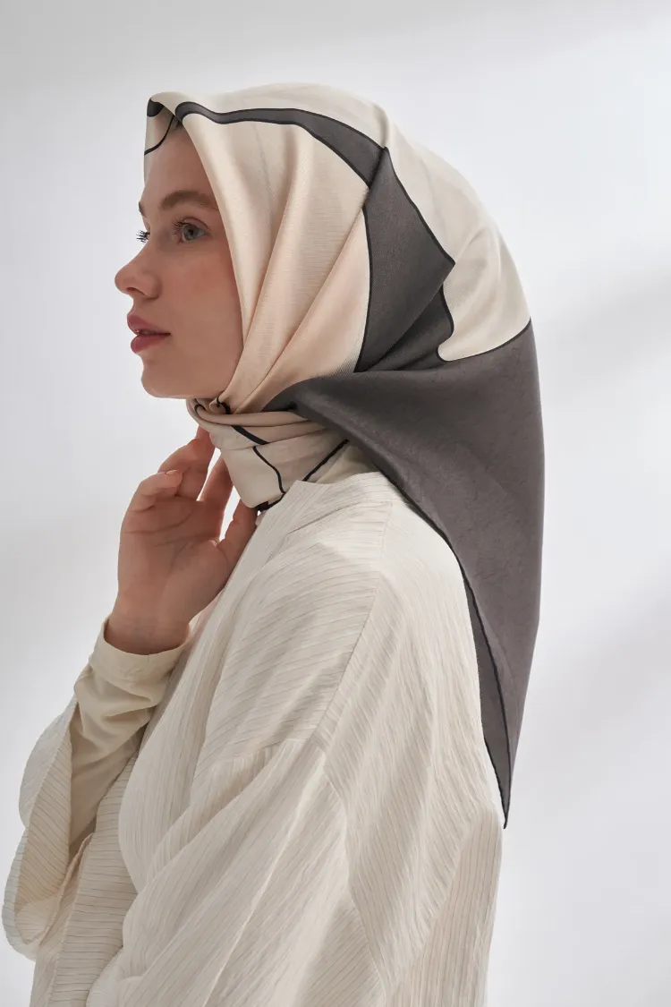 ARMANDA - 4355 İnaya Desen Twill İpek Eşarp - Bej-Füme