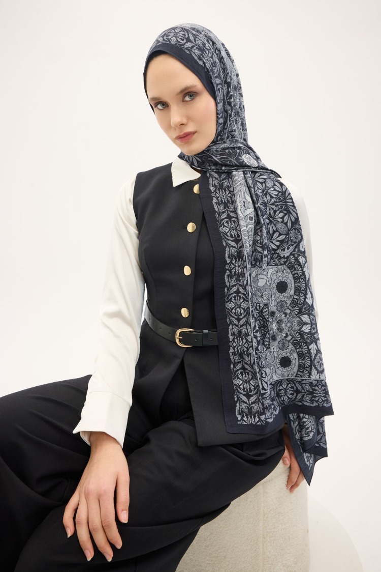 SİLK HOME - Urban Hours Floral Motif Desen Koyu Lacivert Mayda Şal 190x70