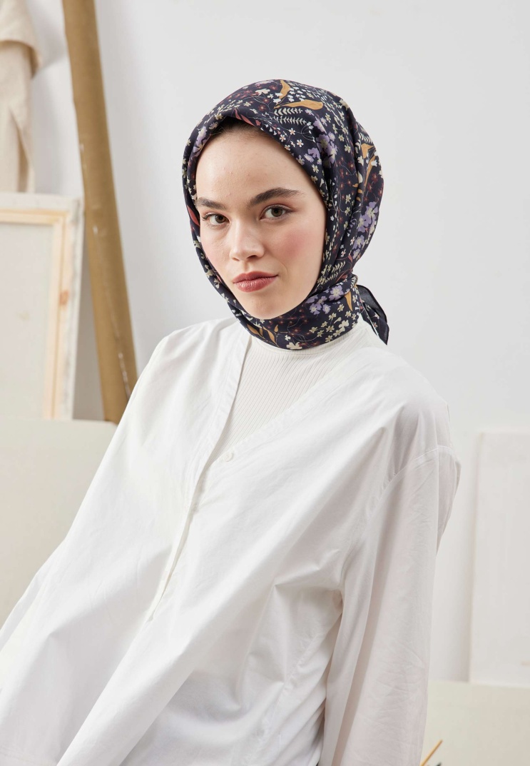 FRESH SCARFS - Tiny Garden Desen Pamuk İpek Eşarp - Siyah