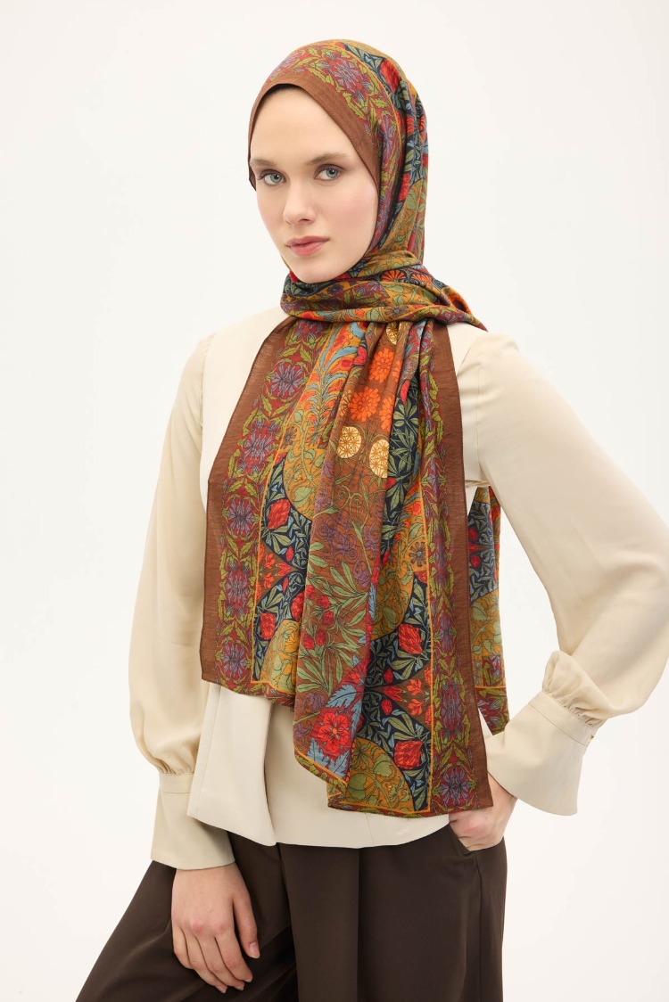 SİLK HOME - Urban Hours Floral Motif Desen Kahverengi Mayda Şal 190x70