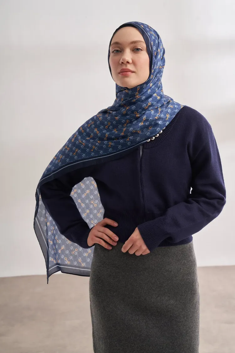 ARMANDA - 3361 Monogram Desen Şal - Kot Mavisi - Bebe Mavisi