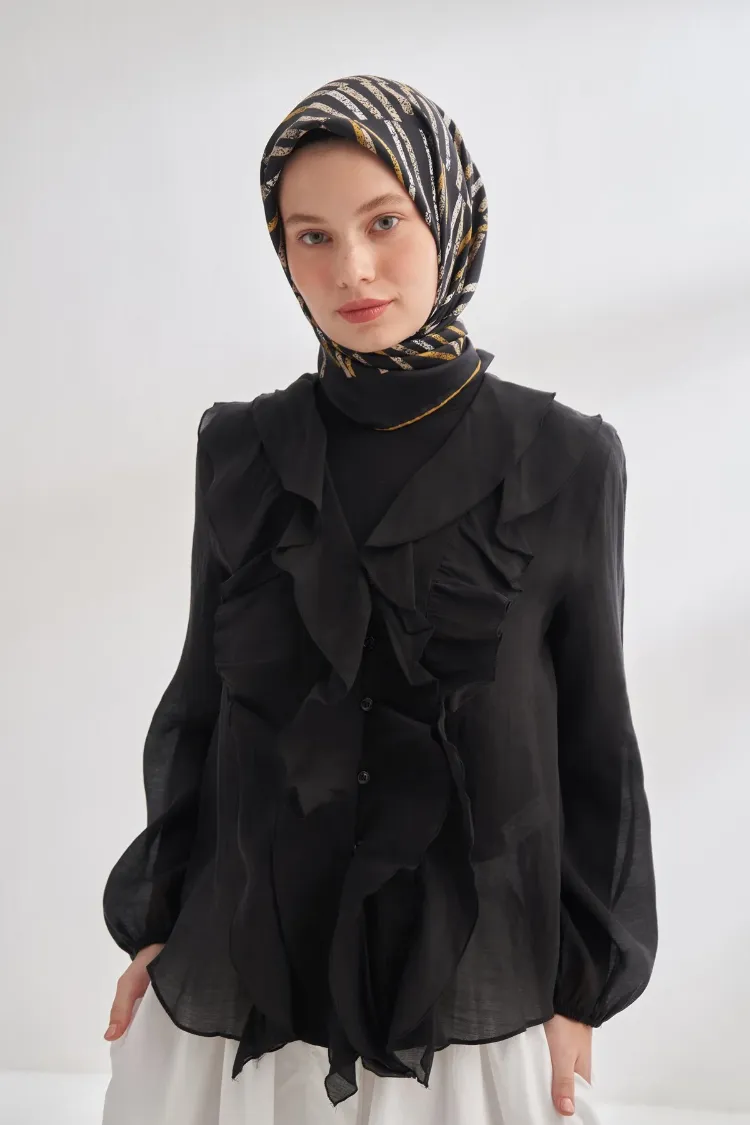 ARMANDA - 4353 Rora Desen Twill İpek Eşarp - Siyah