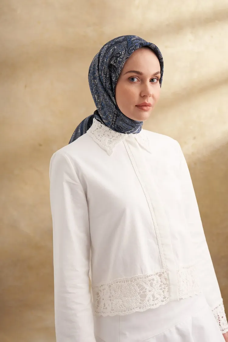 ARMANDA - 3155 Vintage Desen Eşarp - Siyah İndigo