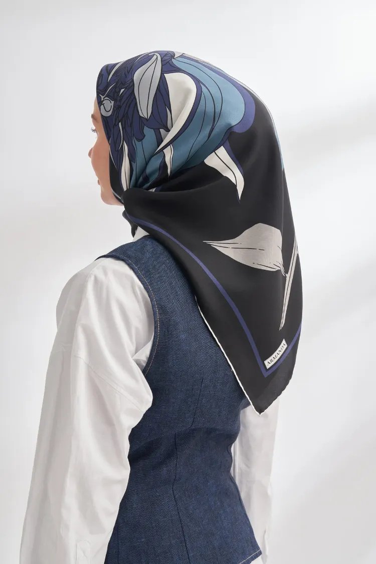 ARMANDA - 4356 Ivory Desen Twill İpek Eşarp - Siyah Lacivert