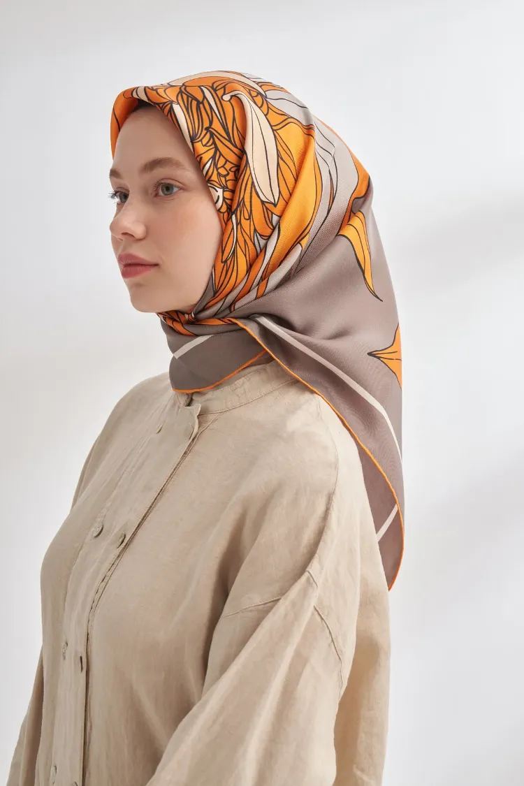ARMANDA - 4356 Ivory Desen Twill İpek Eşarp - Vizon Orange