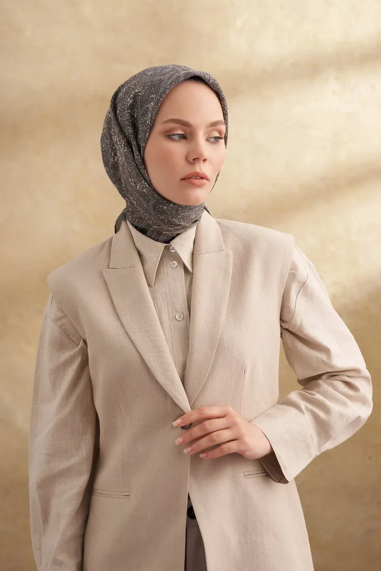 ARMANDA - 3155 Vintage Desen Eşarp - Gri