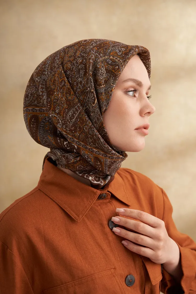 ARMANDA - 3155 Vintage Desen Eşarp - Kahve