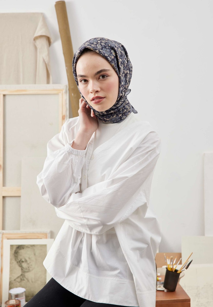 FRESH SCARFS - Blooming Garden Desen Pamuk İpek Eşarp - Lacivert