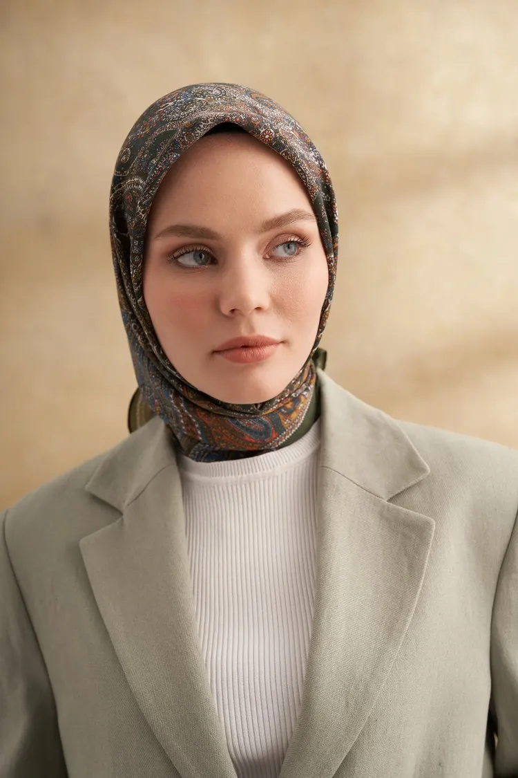 ARMANDA - 3155 Vintage Desen Eşarp - Haki