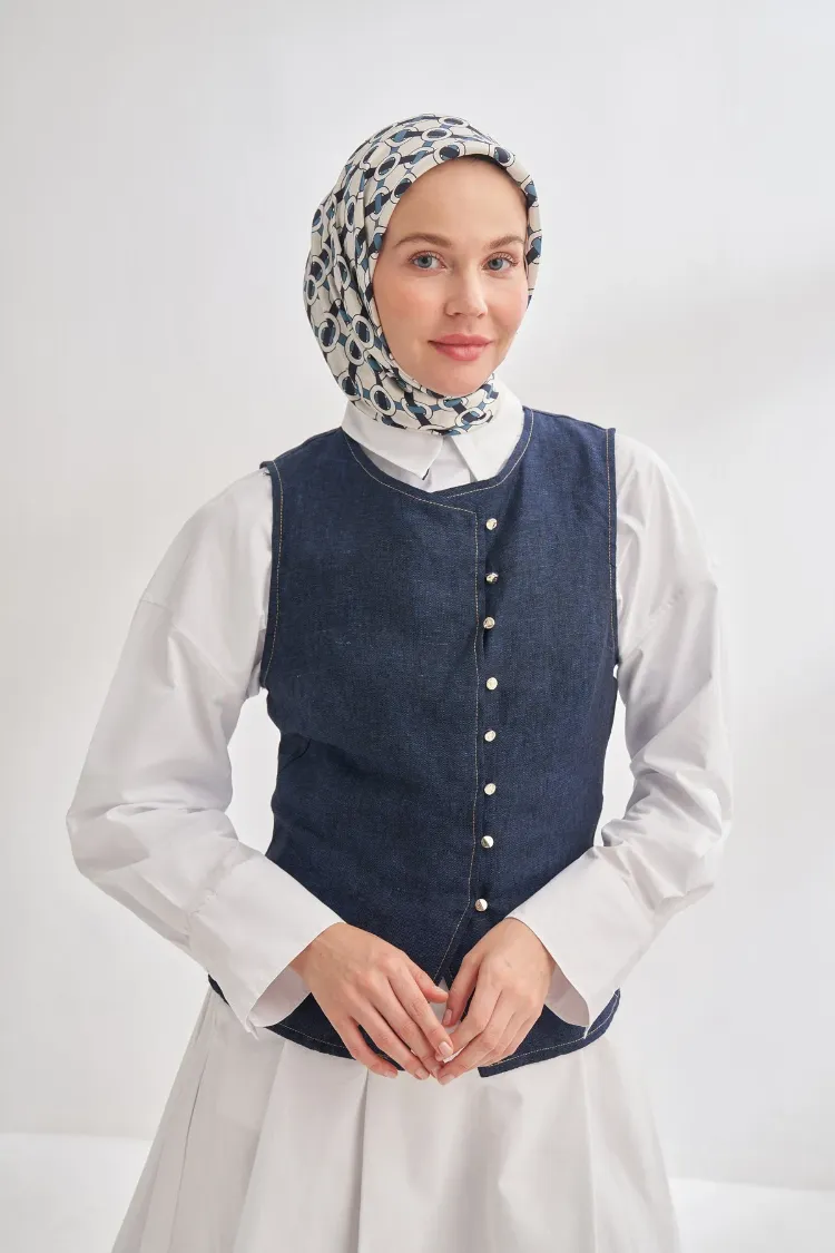 ARMANDA - 4350 Soil Desen Twill İpek Eşarp - Lacivert