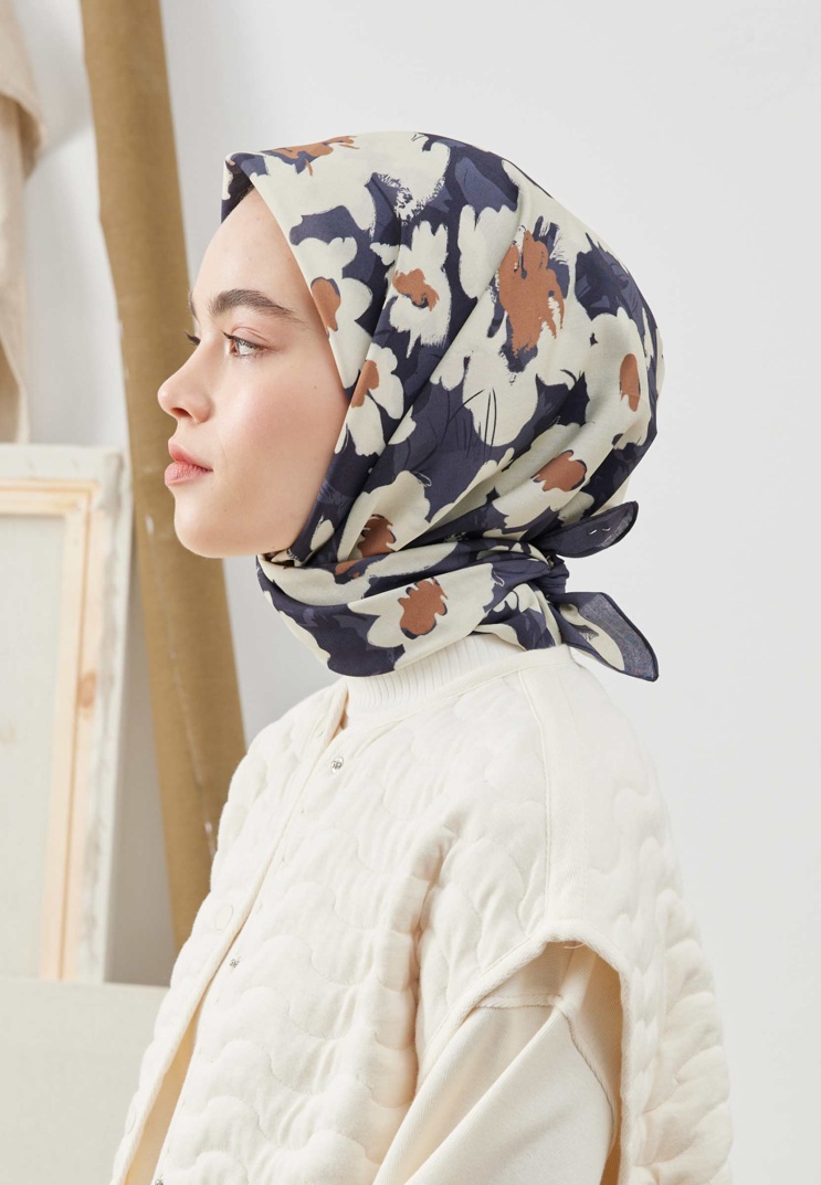 Fresh Scarfs - Multi Flower Desen Pamuk İpek Eşarp - Lacivert