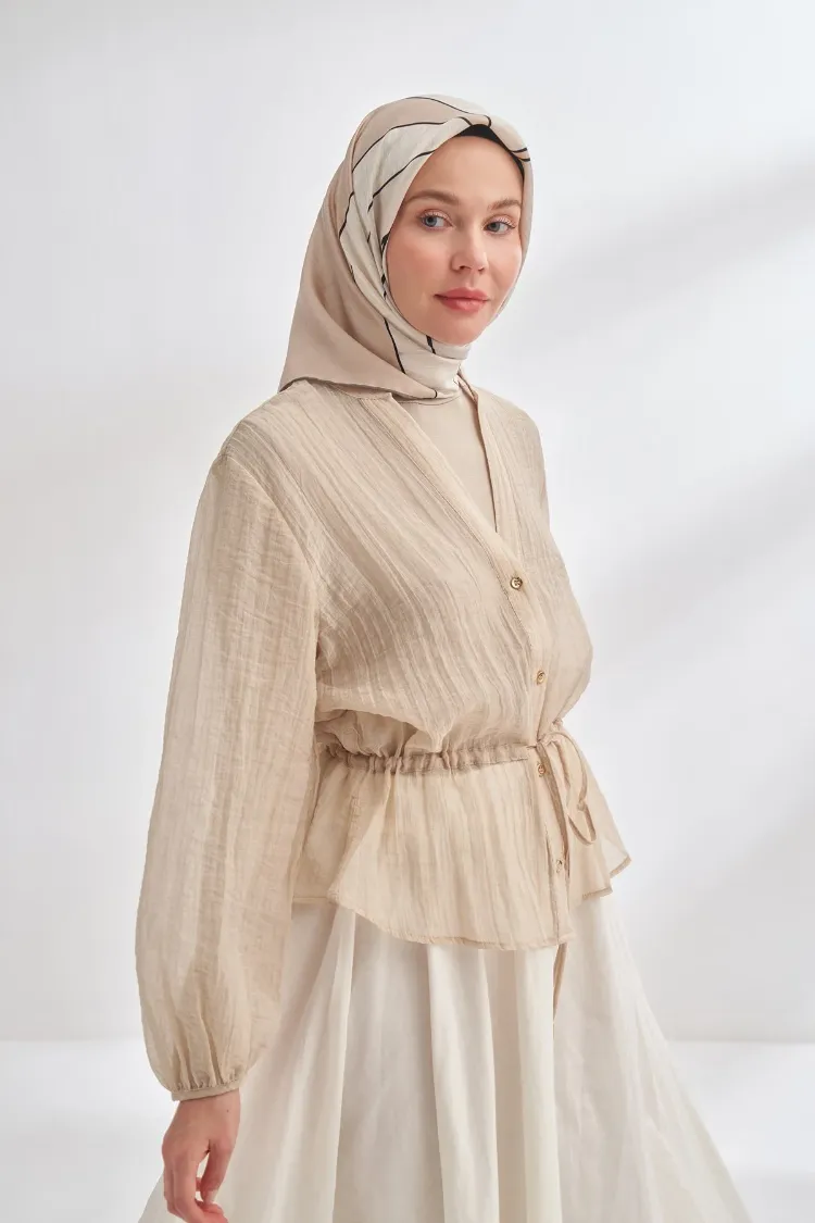 ARMANDA - 4355 İnaya Desen Twill İpek Eşarp - Bej-Vizon
