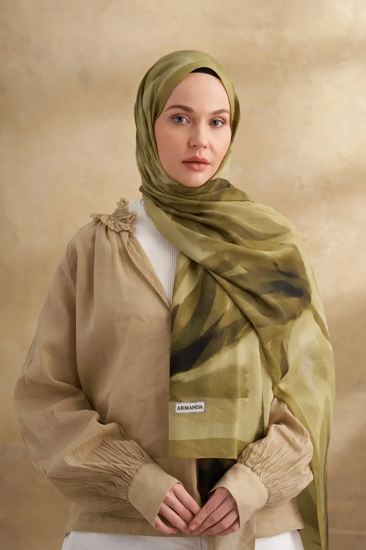 ARMANDA - 3381 İpek Modal Darcy Desen Şal - Yağ Yeşili