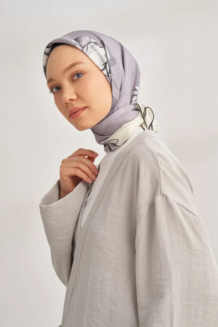 ARMANDA - 4333 Plumeria Desen Twill İpek Eşarp - Gri