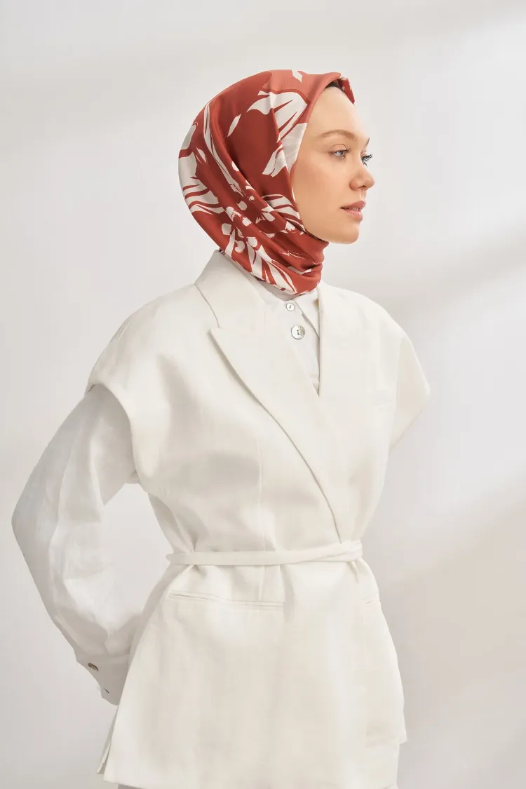 ARMANDA - 4351 Dahlia Desen Twill İpek Eşarp - Bordo