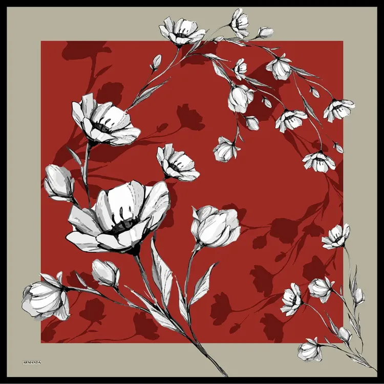 ARMANDA - 4333 Plumeria Desen Twill İpek Eşarp - Kırmızı