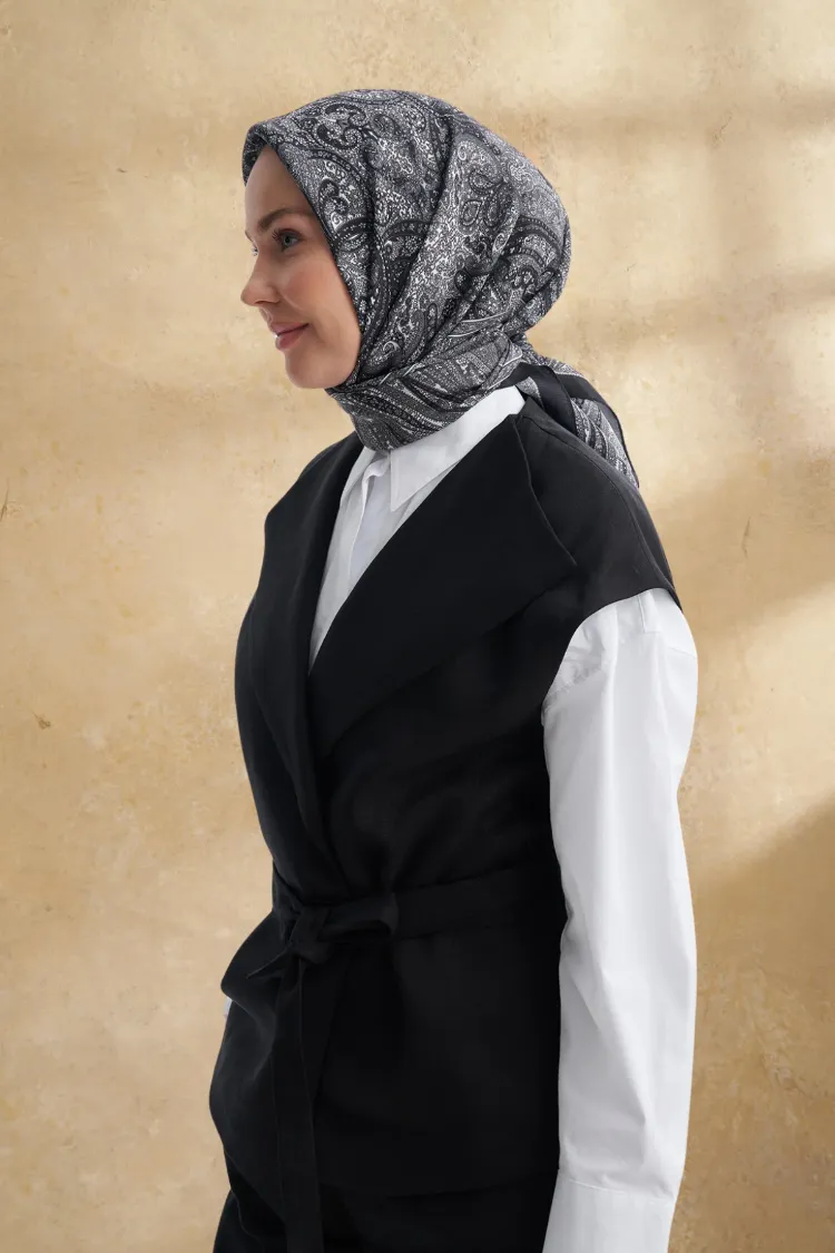 ARMANDA - 3155 Vintage Desen Eşarp - Siyah Gri